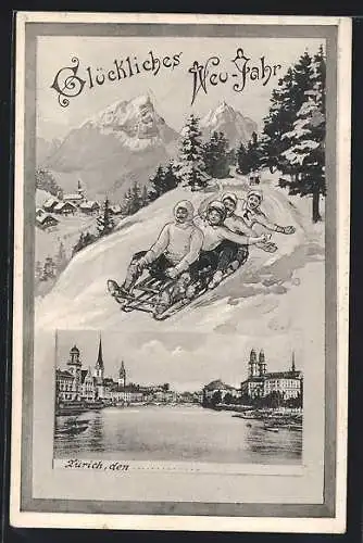AK Zürich, Uferpartie mit Kirche, Schlittenfahrer auf einem Berg