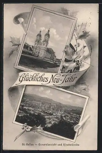 AK St. Gallen, Generalansicht und Klosterkirche, Neujahrsgruss