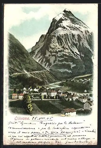 AK Olivone, Ortsansicht mit Berggipfel aus der Vogelschau