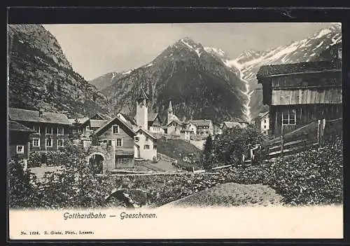 AK Goeschenen, Ortspartie mit Türmen, Gotthardbahn