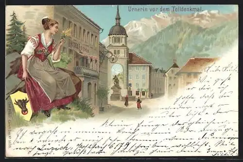 Lithographie Altdorf, Urnerin vor dem Telldenkmal am Hotel Loewen, Schweizer Tracht