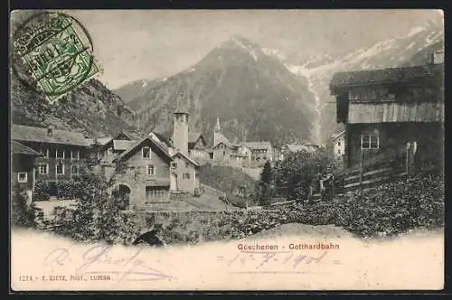 AK Göschenen /Gotthardbahn, Ortspartie mit Bergen
