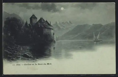 Mondschein-AK Chillon, Panorama et la Dent du Midi
