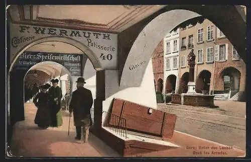 AK Bern, Strasse Unter den Lauben mit Gasthaus V. Bucher-Hämmerli und Confiserie Patisserie F. Wermuth