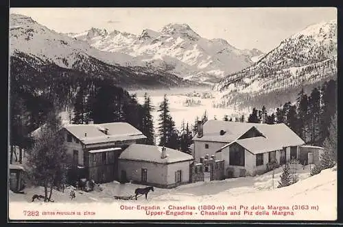 AK Chasellas /Ober-Engadin, Panorama mit Piz della Margna im Schnee