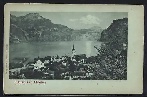 Mondschein-AK Flüelen, Uferpartie mit Kirche