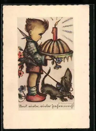 Künstler-AK Hummel: Kind mit Kuchen und Dackel