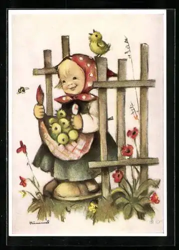 Künstler-AK Hummel: Niedliches Mädchen mit einer Schürze voller Äpfel am Zaun