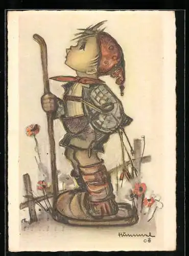 Künstler-AK Hummel: Hans im Glück, Junge mit grossen Pantoffel und Wanderstock