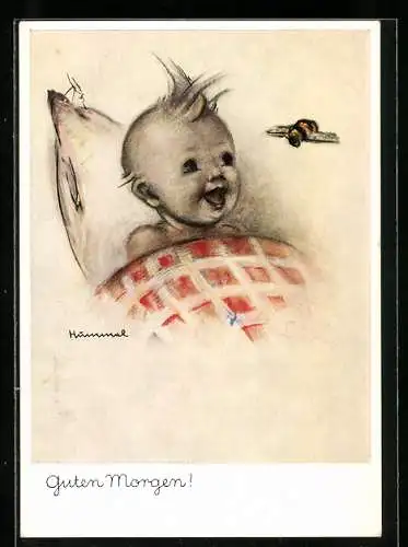Künstler-AK Hummel: Kleines Kind lachend im Bett liegend