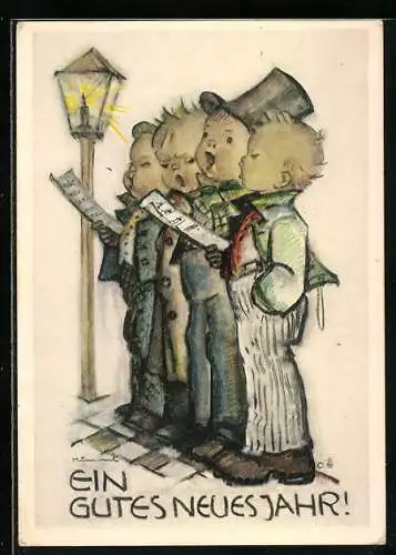 Künstler-AK Hummel: Kinder singen unter der Strassenlaterne, Ein frohes Fest!
