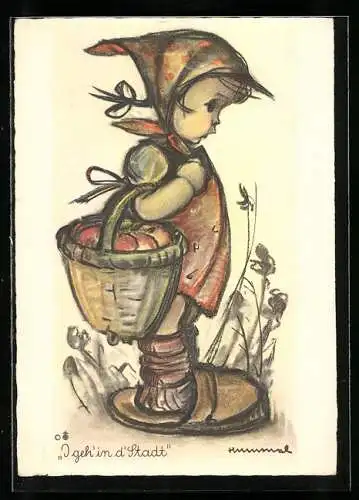 Künstler-AK Hummel: Mädchen mit Korb und Äpfeln