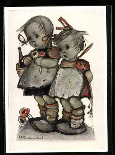 Künstler-AK Hummel: Zwei Mädchen als Gratulanten zum Namenstag