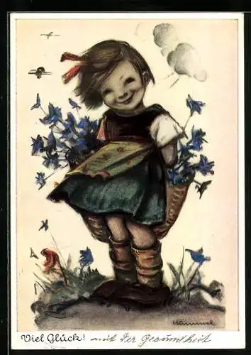 Künstler-AK Hummel: Mädchen mit einem Blumenkorb