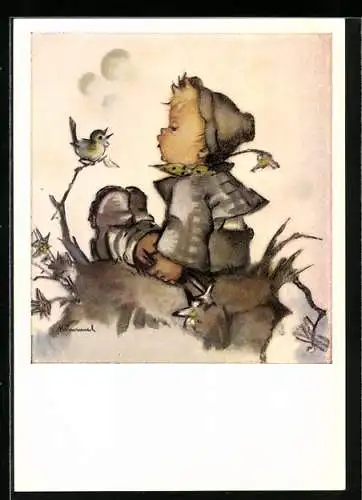 Künstler-AK Hummel: Junge singt zusammen mit einem Vogel, Ein frohes Lied