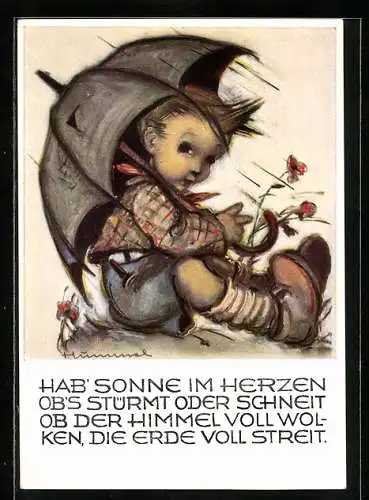 Künstler-AK Hummel: Junge sitzt bei Sturm unter einem Regenschirm