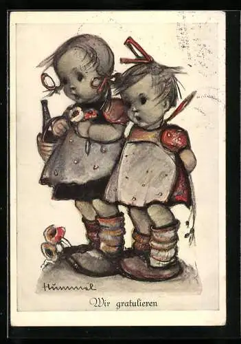 Künstler-AK Hummel: Gratulanten mit Korb