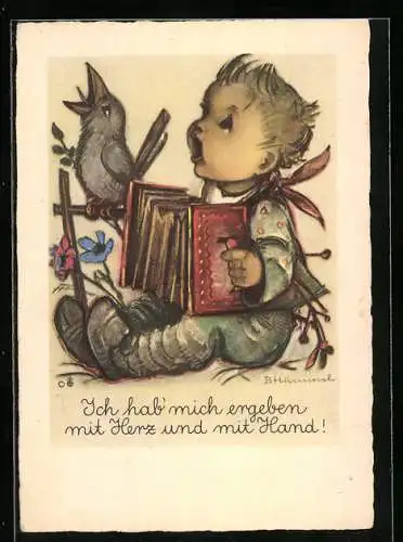 Künstler-AK Hummel: Ich hab` mich ergeben mit Herz und mit Hand- musizierender Junge mit Vogel