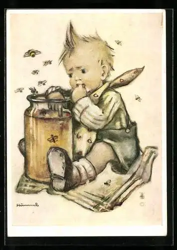 Künstler-AK Hummel: Junge nascht vom Honig