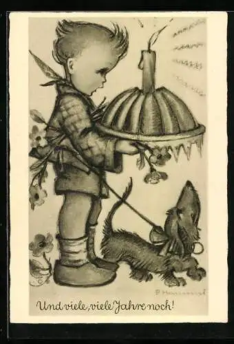 Künstler-AK Hummel: Niedlicher kleiner Junge mit Geburtstagskuchen mit brennender Kerze und Dackel