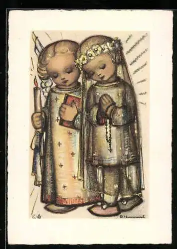 Künstler-AK Hummel: Kinderpaar mit Kerze und Buch, Glückwunsch zur Kommunion