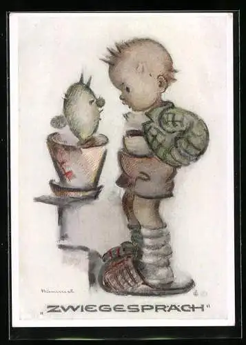 Künstler-AK Hummel: Kleiner Junge im Zwiegespräch mit einem Kaktus