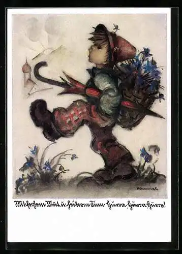 Künstler-AK Hummel: Junger Wanderer stapft zum nächsten Dorf, Mit frohem Mut und heiterm Sinn!