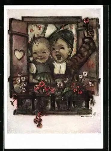 Künstler-AK Hummel: Kinder stehen fröhlich winkend am Fenster