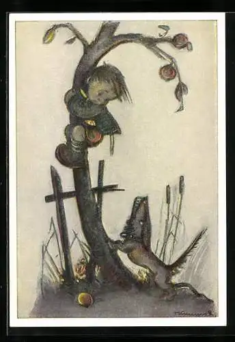 Künstler-AK Hummel: Kind hat Angst vor Dackel