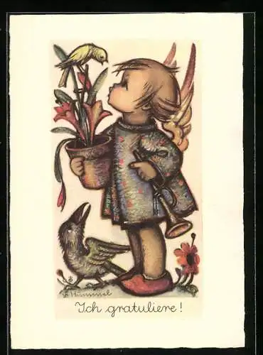 Künstler-AK Hummel: Ich gratuliere, Englein mit Blumentopf und Trompete