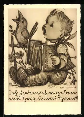 Künstler-AK Hummel: Junge mit Ziehharmonika und Vogel