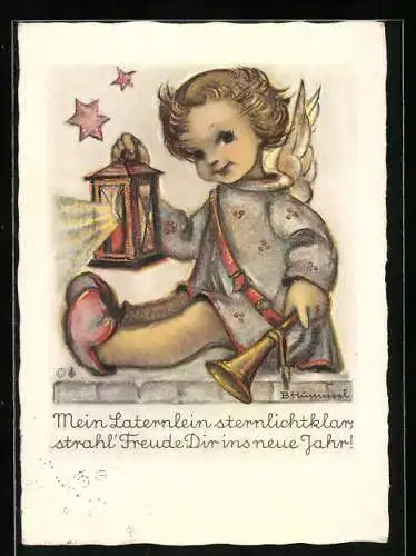 Künstler-AK Hummel: Engel mit einer Laterne, Neujahrsgruss