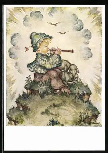 Künstler-AK Hummel: Hirtenlied, Junge mit Flöte