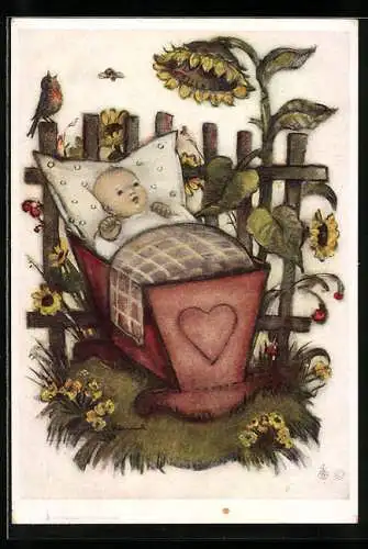 Künstler-AK Hummel Nr. 5676: Baby im Schaukelbett umringt von Sonnenblumen