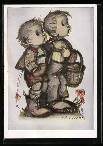 Künstler-AK Hummel: Niedliche Jungen mit Essenskorb