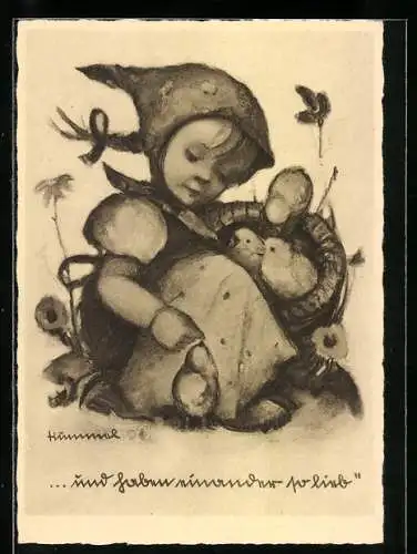 Künstler-AK Hummel: ...und haben einander so lieb, Kind mit Küken
