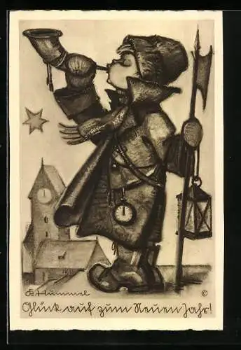 Künstler-AK Hummel: Glück auf zum neuen Jahr!, Kind als Nachtwächter mit Hellebarde und Nachthorn