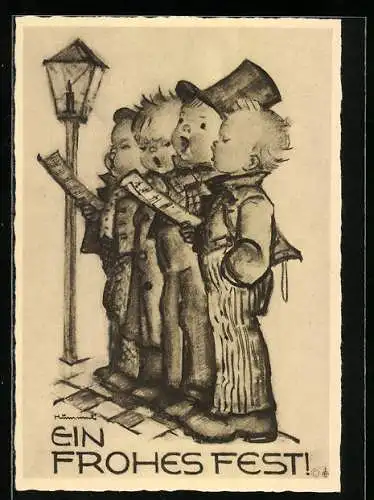 Künstler-AK Hummel: Kinder singen unter der Strassenlaterne, Ein frohes Fest!