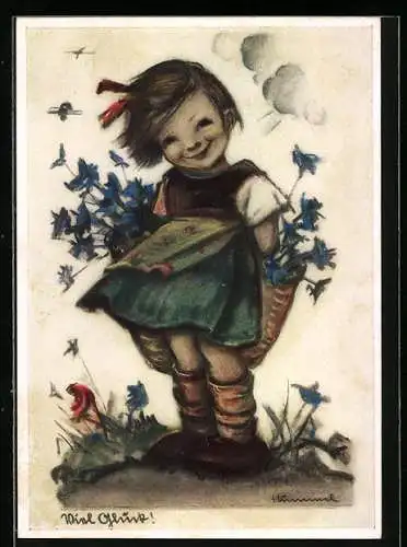 Künstler-AK Hummel: Mädchen mit einem Blumenkorb