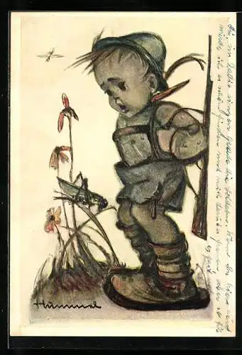 Künstler-AK Hummel: Junger Jäger steht erschrocken vor einer Heuschrecke