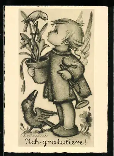 Künstler-AK Hummel: Kleines Kind mit Trompete und Blumentopf