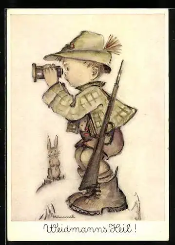 Künstler-AK Hummel: Kleiner Jägersmann auf der Pirsch mit Fernglas und Gewehr