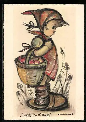 Künstler-AK Hummel: Mädchen mit Korb und Äpfeln