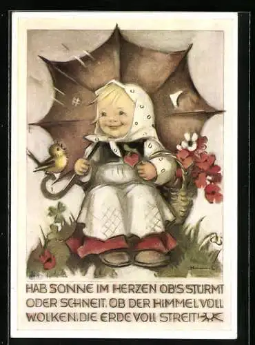 Künstler-AK Hummel: Mädchen sitzt lächelnd unter einem Regenschirm und betrachtet einen Vogel