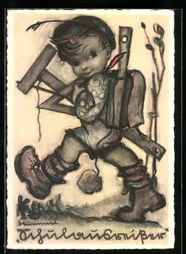 Künstler-AK Hummel: Junge mit Ranzen als Schulausreisser