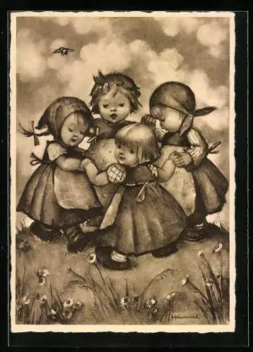 Künstler-AK Hummel: Kleine niedliche Mädchen beim Ringel-Reihen