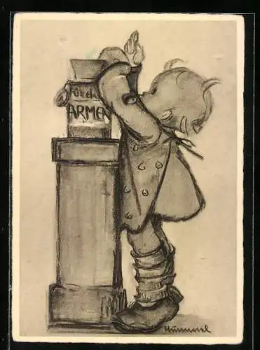 Künstler-AK Hummel: Kind an einer Spenden-Box