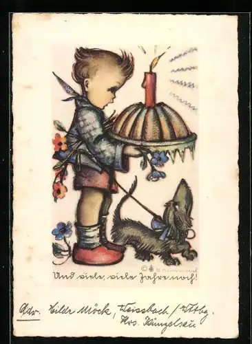 Künstler-AK Hummel: Junge mit Kuchen und Dackel