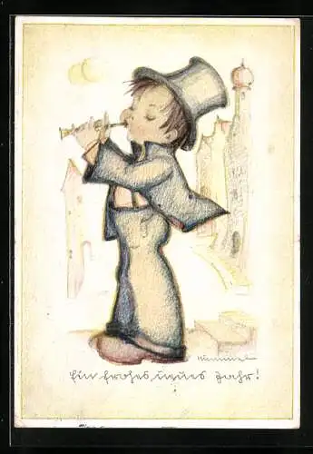 Künstler-AK Hummel: Junge mit Zylinder spielt Instrument für ein frohes, neues Jahr