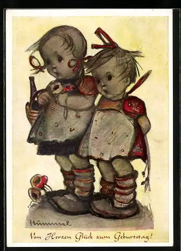 Künstler-AK Hummel: Zwei Mädchen als Gratulanten zum Namenstag